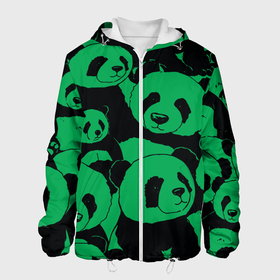 Мужская куртка 3D с принтом Panda green pattern в Тюмени, ткань верха — 100% полиэстер, подклад — флис | прямой крой, подол и капюшон оформлены резинкой с фиксаторами, два кармана без застежек по бокам, один большой потайной карман на груди. Карман на груди застегивается на липучку | Тематика изображения на принте: 