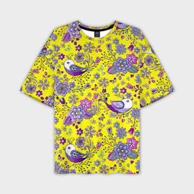 Мужская футболка OVERSIZE 3D с принтом Птички и цветы на желтом в Тюмени,  |  | 