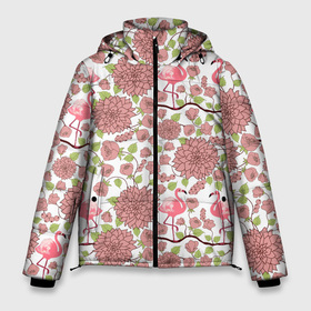Мужская зимняя куртка 3D с принтом Фламинго и лотосы в Екатеринбурге, верх — 100% полиэстер; подкладка — 100% полиэстер; утеплитель — 100% полиэстер | длина ниже бедра, свободный силуэт Оверсайз. Есть воротник-стойка, отстегивающийся капюшон и ветрозащитная планка. 

Боковые карманы с листочкой на кнопках и внутренний карман на молнии. | 