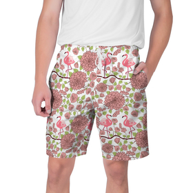 Мужские шорты 3D с принтом Фламинго и лотосы в Екатеринбурге,  полиэстер 100% | прямой крой, два кармана без застежек по бокам. Мягкая трикотажная резинка на поясе, внутри которой широкие завязки. Длина чуть выше колен | 