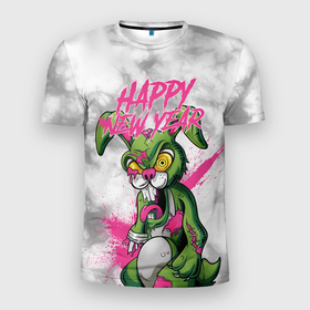 Мужская футболка 3D Slim с принтом Zombie rabbit Happy new year в Белгороде, 100% полиэстер с улучшенными характеристиками | приталенный силуэт, круглая горловина, широкие плечи, сужается к линии бедра | 