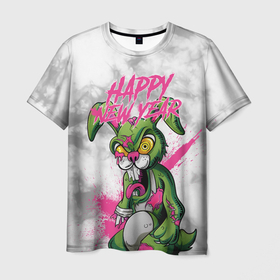 Мужская футболка 3D с принтом Zombie rabbit Happy new year в Санкт-Петербурге, 100% полиэфир | прямой крой, круглый вырез горловины, длина до линии бедер | Тематика изображения на принте: 