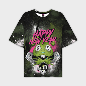 Мужская футболка OVERSIZE 3D с принтом Geen rabbit happy new year в Курске,  |  | Тематика изображения на принте: 