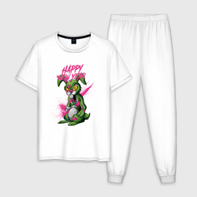 Мужская пижама хлопок с принтом Zombie rabbit New year в Санкт-Петербурге, 100% хлопок | брюки и футболка прямого кроя, без карманов, на брюках мягкая резинка на поясе и по низу штанин
 | Тематика изображения на принте: 