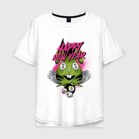 Мужская футболка хлопок Oversize с принтом Green rabbit Happy new year в Курске, 100% хлопок | свободный крой, круглый ворот, “спинка” длиннее передней части | Тематика изображения на принте: 