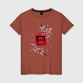 Женская футболка хлопок с принтом Цветущая сакура и красный круг с японским иероглифом cолнце , 100% хлопок | прямой крой, круглый вырез горловины, длина до линии бедер, слегка спущенное плечо | 