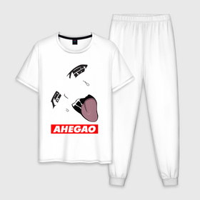 Мужская пижама хлопок с принтом Лицо ахегао с красным логотипом в Тюмени, 100% хлопок | брюки и футболка прямого кроя, без карманов, на брюках мягкая резинка на поясе и по низу штанин
 | 