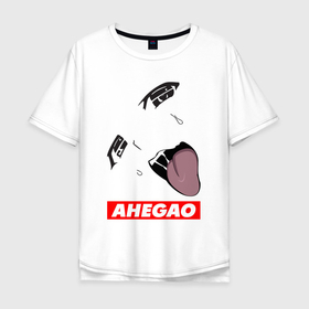 Мужская футболка хлопок Oversize с принтом Лицо ахегао с красным логотипом в Тюмени, 100% хлопок | свободный крой, круглый ворот, “спинка” длиннее передней части | 
