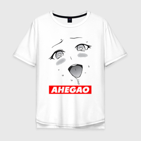 Мужская футболка хлопок Oversize с принтом Лицо ахегао с логотипом в Петрозаводске, 100% хлопок | свободный крой, круглый ворот, “спинка” длиннее передней части | Тематика изображения на принте: 