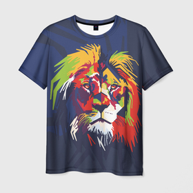 Мужская футболка 3D с принтом Задумчивый лев в стиле поп арт в Петрозаводске, 100% полиэфир | прямой крой, круглый вырез горловины, длина до линии бедер | 