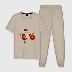 Мужская пижама хлопок с принтом Дед Мороз на коньках с мешком подарков в Курске, 100% хлопок | брюки и футболка прямого кроя, без карманов, на брюках мягкая резинка на поясе и по низу штанин
 | 