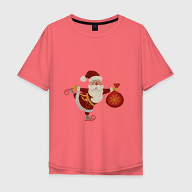 Мужская футболка хлопок Oversize с принтом Дед Мороз на коньках с мешком подарков в Санкт-Петербурге, 100% хлопок | свободный крой, круглый ворот, “спинка” длиннее передней части | 