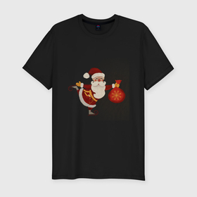 Мужская футболка хлопок Slim с принтом Дед Мороз на коньках с мешком подарков , 92% хлопок, 8% лайкра | приталенный силуэт, круглый вырез ворота, длина до линии бедра, короткий рукав | 
