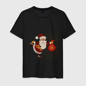 Мужская футболка хлопок с принтом Дед Мороз на коньках с мешком подарков в Курске, 100% хлопок | прямой крой, круглый вырез горловины, длина до линии бедер, слегка спущенное плечо. | Тематика изображения на принте: 