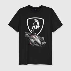 Мужская футболка хлопок Slim с принтом Lamborghini F1   Italy в Белгороде, 92% хлопок, 8% лайкра | приталенный силуэт, круглый вырез ворота, длина до линии бедра, короткий рукав | 