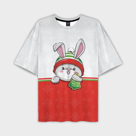 Мужская футболка OVERSIZE 3D с принтом Новогодний зайка с ёлочкой ,  |  | Тематика изображения на принте: 