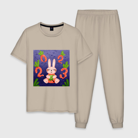 Мужская пижама хлопок с принтом Новый год 2023, заяц с ёлочкой и цифрами морковками , 100% хлопок | брюки и футболка прямого кроя, без карманов, на брюках мягкая резинка на поясе и по низу штанин
 | 