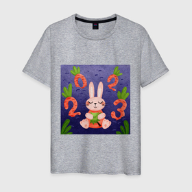 Мужская футболка хлопок с принтом Новый год 2023, заяц с ёлочкой и цифрами морковками , 100% хлопок | прямой крой, круглый вырез горловины, длина до линии бедер, слегка спущенное плечо. | 
