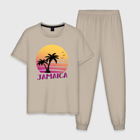 Мужская пижама хлопок с принтом Ямайка закат в Тюмени, 100% хлопок | брюки и футболка прямого кроя, без карманов, на брюках мягкая резинка на поясе и по низу штанин
 | 