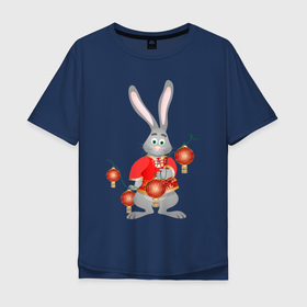 Мужская футболка хлопок Oversize с принтом Черный водяной кролик в красной рубахе в Новосибирске, 100% хлопок | свободный крой, круглый ворот, “спинка” длиннее передней части | Тематика изображения на принте: 
