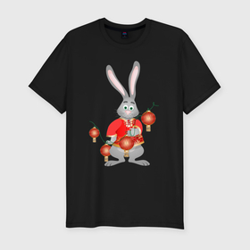 Мужская футболка хлопок Slim с принтом Черный водяной кролик в красной рубахе в Петрозаводске, 92% хлопок, 8% лайкра | приталенный силуэт, круглый вырез ворота, длина до линии бедра, короткий рукав | Тематика изображения на принте: 