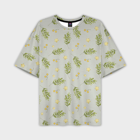 Мужская футболка OVERSIZE 3D с принтом Зеленые веточки, желтые ягоды и звездочки в Петрозаводске,  |  | Тематика изображения на принте: 