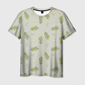 Мужская футболка 3D с принтом Зеленые веточки, желтые ягоды и звездочки в Петрозаводске, 100% полиэфир | прямой крой, круглый вырез горловины, длина до линии бедер | Тематика изображения на принте: 