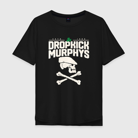 Мужская футболка хлопок Oversize с принтом dropkick murphys панк рок группа череп в кепке в Петрозаводске, 100% хлопок | свободный крой, круглый ворот, “спинка” длиннее передней части | Тематика изображения на принте: 