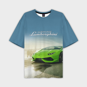 Мужская футболка OVERSIZE 3D с принтом Ламборджини на берегу океана в Петрозаводске,  |  | 