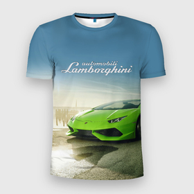 Мужская футболка 3D Slim с принтом Ламборджини на берегу океана в Петрозаводске, 100% полиэстер с улучшенными характеристиками | приталенный силуэт, круглая горловина, широкие плечи, сужается к линии бедра | 