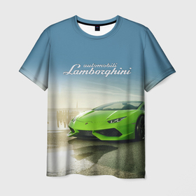 Мужская футболка 3D с принтом Ламборджини на берегу океана в Петрозаводске, 100% полиэфир | прямой крой, круглый вырез горловины, длина до линии бедер | 
