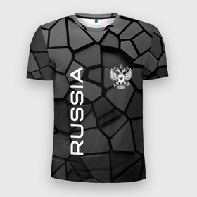 Мужская футболка 3D Slim с принтом Черная броня Россия в Тюмени, 100% полиэстер с улучшенными характеристиками | приталенный силуэт, круглая горловина, широкие плечи, сужается к линии бедра | 3d | 3д | rift | russia | steel | абстракт | броня | геометрия | камни | камуфляж | кубики | пластик | плиты | разлом | раскол | российская черная броня | россия | русская черная броня | скин | сталь | текстура