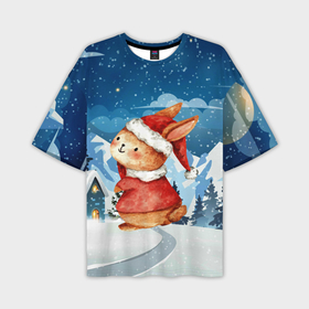 Мужская футболка OVERSIZE 3D с принтом Новогодний заяц  снежный фон в Новосибирске,  |  | Тематика изображения на принте: 