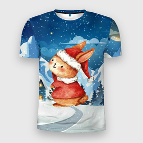 Мужская футболка 3D Slim с принтом Новогодний заяц  снежный фон в Новосибирске, 100% полиэстер с улучшенными характеристиками | приталенный силуэт, круглая горловина, широкие плечи, сужается к линии бедра | Тематика изображения на принте: 