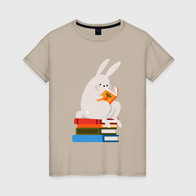 Женская футболка хлопок с принтом Читающий кролик на книгах в Новосибирске, 100% хлопок | прямой крой, круглый вырез горловины, длина до линии бедер, слегка спущенное плечо | 
