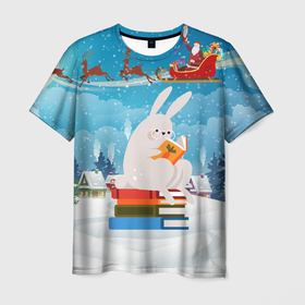 Мужская футболка 3D с принтом Читающий кролик сидит на книжках в Кировске, 100% полиэфир | прямой крой, круглый вырез горловины, длина до линии бедер | Тематика изображения на принте: 