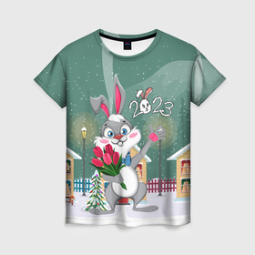 Женская футболка 3D с принтом Заяц с цветами новогодний в Курске, 100% полиэфир ( синтетическое хлопкоподобное полотно) | прямой крой, круглый вырез горловины, длина до линии бедер | 