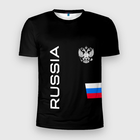 Мужская футболка 3D Slim с принтом Россия и три линии на черном фоне в Белгороде, 100% полиэстер с улучшенными характеристиками | приталенный силуэт, круглая горловина, широкие плечи, сужается к линии бедра | 