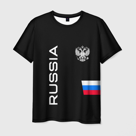 Мужская футболка 3D с принтом Россия и три линии на черном фоне в Кировске, 100% полиэфир | прямой крой, круглый вырез горловины, длина до линии бедер | Тематика изображения на принте: 