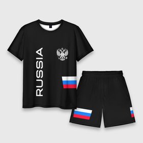Мужской костюм с шортами 3D с принтом Россия и три линии на черном фоне в Белгороде,  |  | 