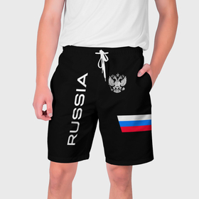 Мужские шорты 3D с принтом Россия и три линии на черном фоне в Белгороде,  полиэстер 100% | прямой крой, два кармана без застежек по бокам. Мягкая трикотажная резинка на поясе, внутри которой широкие завязки. Длина чуть выше колен | 
