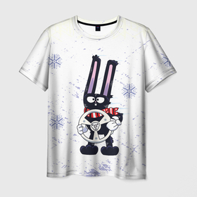Мужская футболка 3D с принтом Черный кролик c рулём , 100% полиэфир | прямой крой, круглый вырез горловины, длина до линии бедер | 