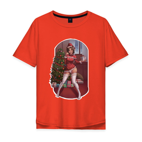 Мужская футболка хлопок Oversize с принтом Sexy Christmas girl в Санкт-Петербурге, 100% хлопок | свободный крой, круглый ворот, “спинка” длиннее передней части | 