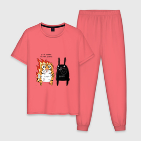 Мужская пижама хлопок с принтом Тигр и кролик 2022 2023 в Белгороде, 100% хлопок | брюки и футболка прямого кроя, без карманов, на брюках мягкая резинка на поясе и по низу штанин
 | Тематика изображения на принте: 