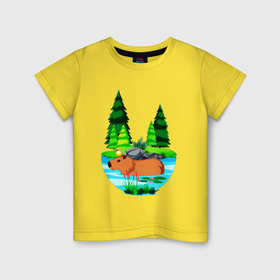 Детская футболка хлопок с принтом Капибара в лесном озере , 100% хлопок | круглый вырез горловины, полуприлегающий силуэт, длина до линии бедер | Тематика изображения на принте: 