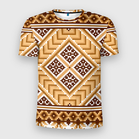 Мужская футболка 3D Slim с принтом Индейский пиксельный орнамент в Тюмени, 100% полиэстер с улучшенными характеристиками | приталенный силуэт, круглая горловина, широкие плечи, сужается к линии бедра | 