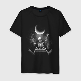 Мужская футболка хлопок с принтом Скелет в облаках и качели на Луне в Санкт-Петербурге, 100% хлопок | прямой крой, круглый вырез горловины, длина до линии бедер, слегка спущенное плечо. | 