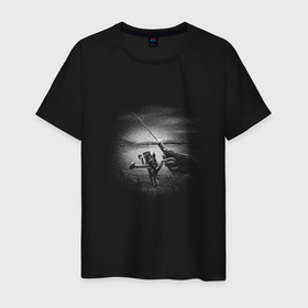 Мужская футболка хлопок с принтом Пейзаж рыбалки удочка и озеро в Кировске, 100% хлопок | прямой крой, круглый вырез горловины, длина до линии бедер, слегка спущенное плечо. | 