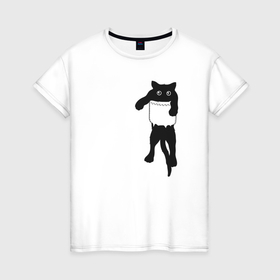 Женская футболка хлопок с принтом Черный котик в кармане в Курске, 100% хлопок | прямой крой, круглый вырез горловины, длина до линии бедер, слегка спущенное плечо | Тематика изображения на принте: 