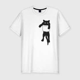 Мужская футболка хлопок Slim с принтом Черный котик в кармане в Кировске, 92% хлопок, 8% лайкра | приталенный силуэт, круглый вырез ворота, длина до линии бедра, короткий рукав | 